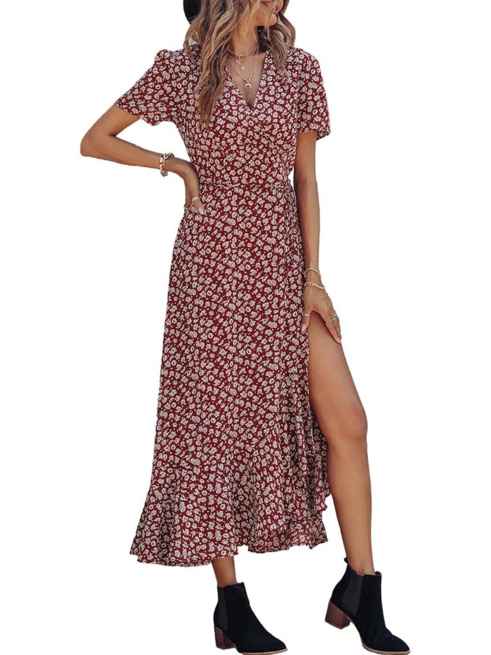 Women's Wine Red Floral V Neck Casual Short Sleeve Pull On Zipper Maxi Dresses